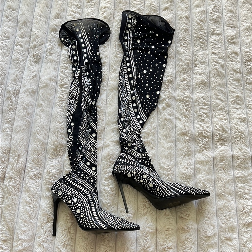 Glamorous Black and White Over the Knee Boots with Studded Design
